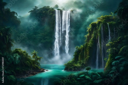 A grand waterfall hidden within a dense  tropical jungle  surrounded by vibrant foliage and mist rising into the air