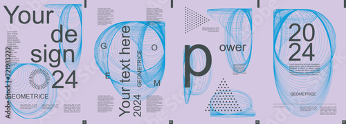 Geometric modern banner with trendy minimalist typography design. Poster templates with abstract dynamic fractal lines in circles forms, triangle dots grids and text elements. Vector illustration.
