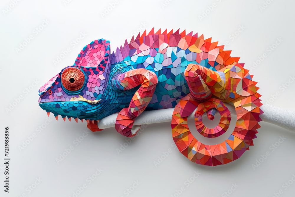 Obraz premium Creative portrait of chameleon made from origami paper on white background