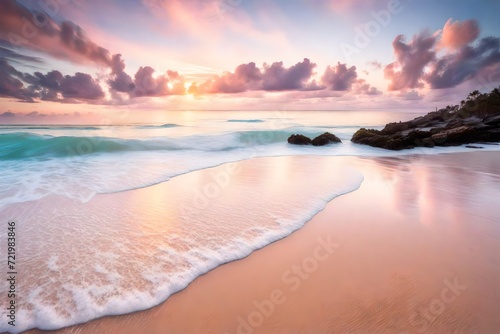 A pristine, white-sand beach at sunrise, with gentle waves kissing the shore and a pastel sky above