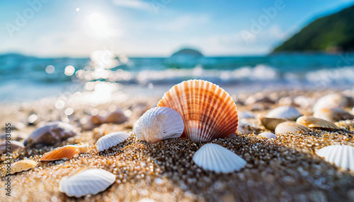 Shell on the beach, tropical island landscape. Vacation and relaxation. Blurred ocean view