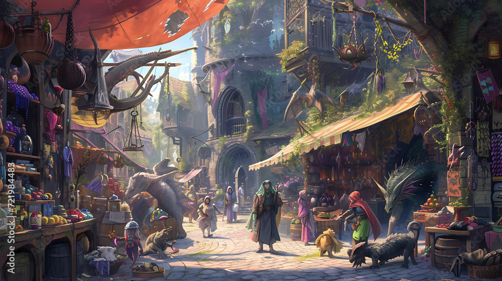 Enter a bustling medieval marketplace where mythical creatures and magical items abound. Immerse yourself in a world of wonder and enchantment.