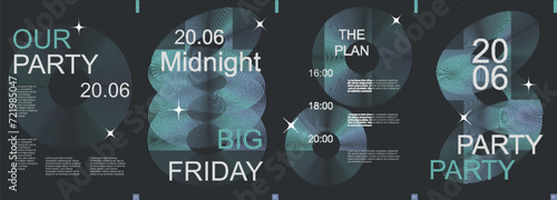 Party modern banner with trendy minimalist typography design. Poster templates with shiny music disk in line grid forms and text elements on dark backdrop for show invitation. Vector illustration.