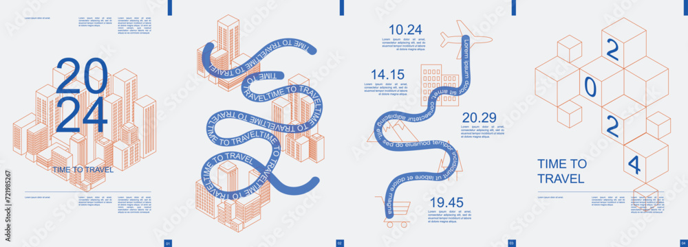 Travel modern banner with trendy minimalist typography design. Poster templates with graphic city skyscrapers, road route, flight destination to landmarks and text elements. Vector illustration.