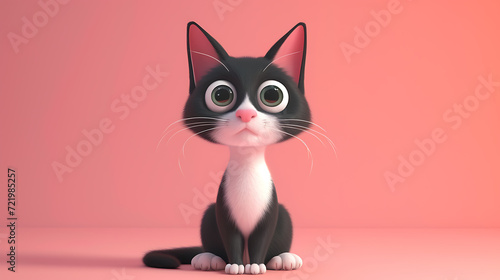 A vibrant 3D animated cat bursting with energy and curiosity against a gentle pink background. © stocker
