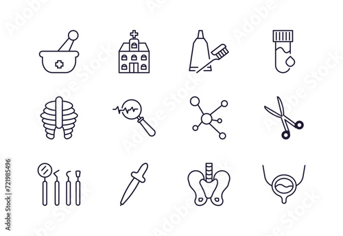editable outline icons set. thin line icons from medical collection. linear icons such as phary tool, brush with tooth paste, diagtic, molecular configuration, eye dropper, bladder