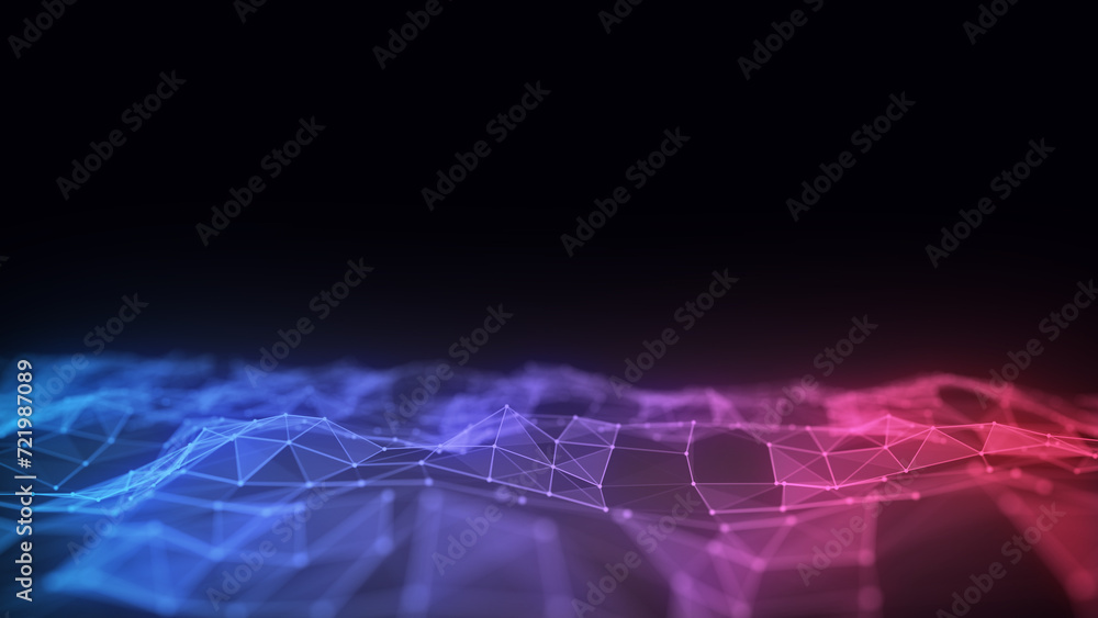 Colorful wave with motion dots and lines. Abstract digital background. Concept connection big data. Futuristic technology backdrop. 3D rendering.