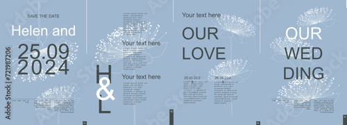 Wedding modern banner with trendy minimalist typography design. Poster templates with simple elegant flower line silhouettes, date and text elements for ceremony invitation. Vector illustration.