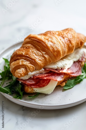 Croissant sandwich with cheese, salami and arugula on the plate on white marble table