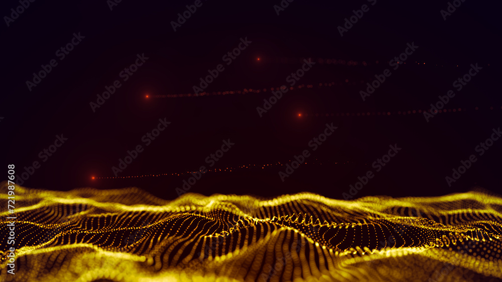 Glowing colorful wave with motion dot. Abstract digital background. Concept connection big data. Futuristic technology backdrop with emitted particles. 3D rendering.