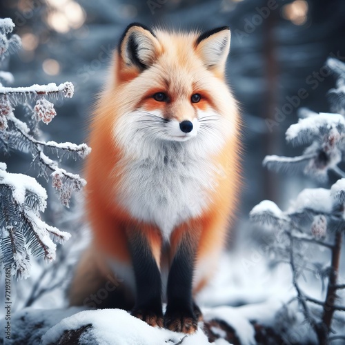 Beautiful European fox sitting in a snowy forest. Furry animal - Vulpes vulpes. photo