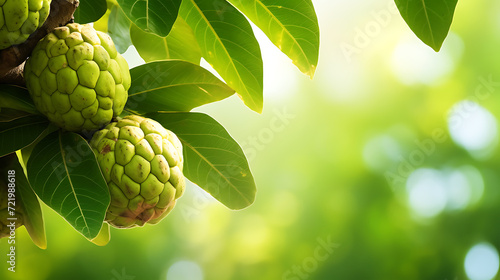 Atis (Annona Squamosa) fuit on a tree branch with copy space for text background photo