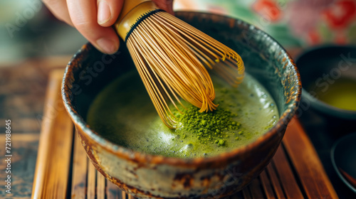 Fényképezés Traditional Japanese tea ceremony, whipping matcha with matcha whisk/chasen