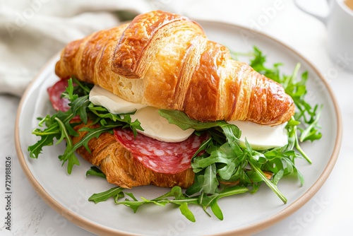 Croissant sandwich with cheese, salami and arugula on the plate on white marble table