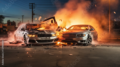 Two Sedans Engulfed in Flames After a Severe Collision in an Urban Setting at Dusk, Depicting Danger and Emergency