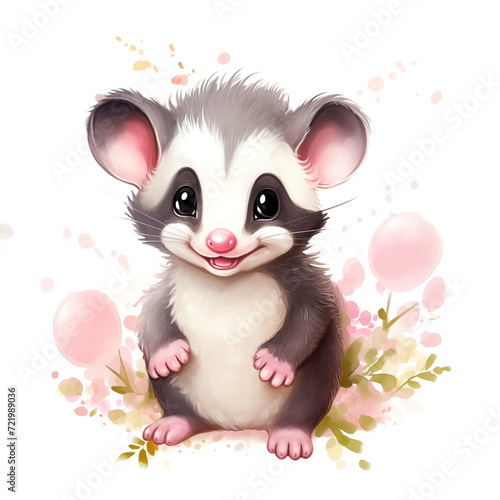 Cute watercolor opossum with herbal elements and pink balloons in pastel colors