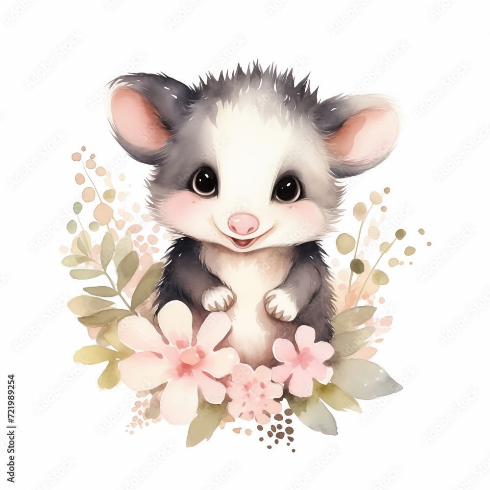 Cute smiling watercolor opossum with herbal elements in pastel colors Cute smiling watercolor opossum with herbal elements in pastel colors