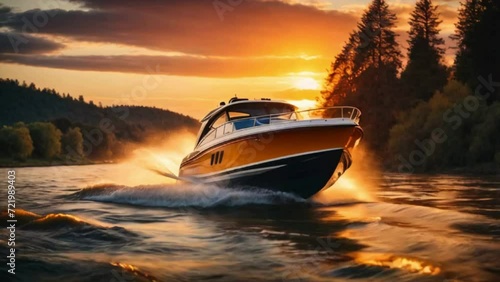 motorboat going across the ocean at sunset photo