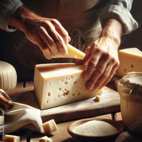 Person's hands holding a block of cheese on a wooden cutting board, with various types of cheese around. photo