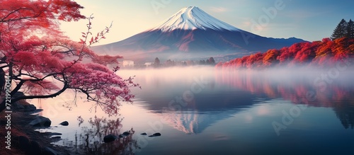 Colorful Autumn Season and Mountain Fuji with morning fog and red leaves at lake photo