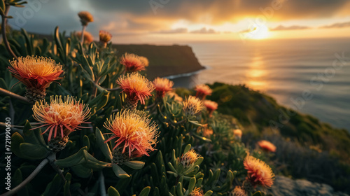 Blooming leucospermum cordifolium, Madeira coastline on the background photo