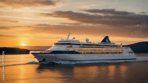 cruise ship navigating smoothly across the ocean with beautiful sunset photo