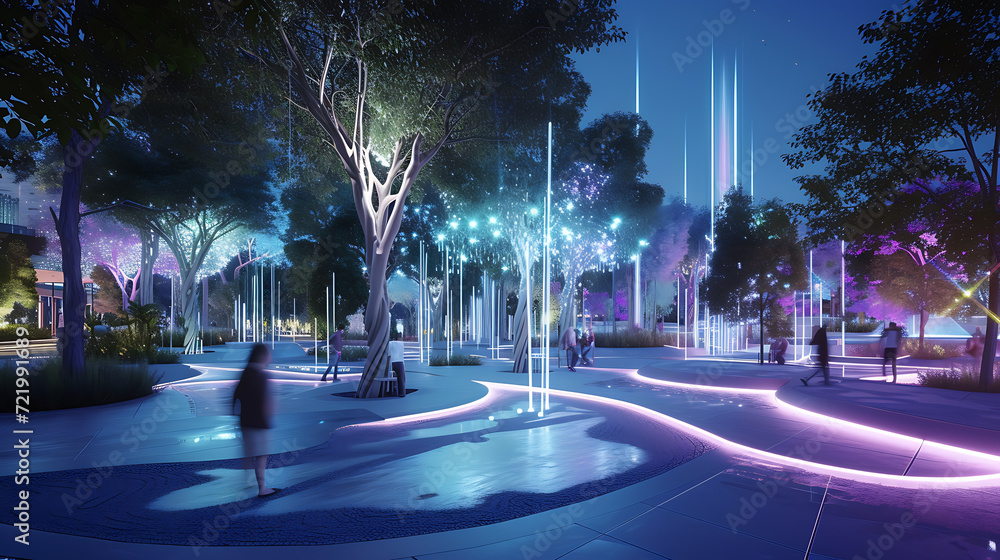 A technologically advanced urban park where holographic trees create an immersive and eco-friendly environment, enhanced by the presence of artificial intelligence.