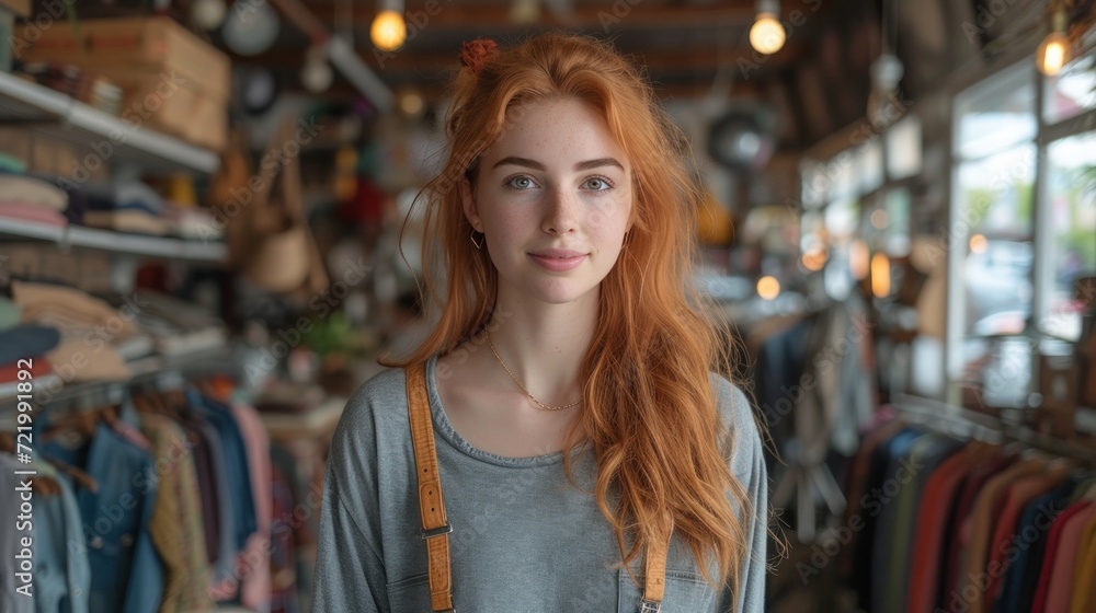 Redhead Woman with Confident Gaze in Thrift Sjop