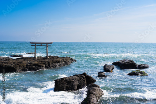View of Torii of kamiiso at oarai isosaki shrine with blue sky, Oarai-cho, Ibaraki, Japan