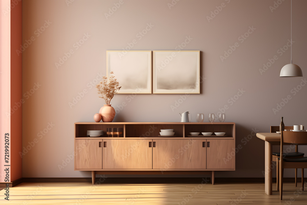 A dining room with a minimalist sideboard A dining room with a minimalist sideboard