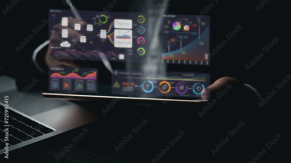 Business development and technology Data analyst for report marketing strategy planning. graph analysis and information on a futuristic virtual interface screen. Business development and technology Data analyst for report marketing strategy planning. graph analysis and information on a futuristic virtual interface screen.