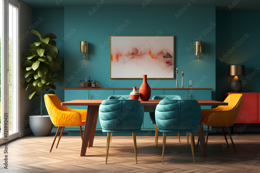 A dining room with a sleek built in buffet  - obrazy, fototapety, plakaty 