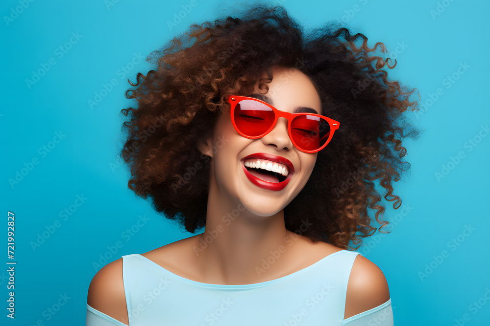 Closeup Portrait of a Playful Hipster Woman in Trendy Sunglasses, Radiating Positivity on a Vibrant Blue Wall Closeup Portrait of a Playful Hipster Woman in Trendy Sunglasses, Radiating Positivity on a Vibrant Blue Wall