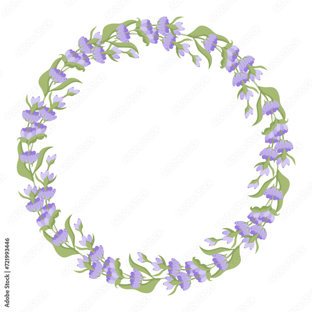 Wreath of lavender flowers. Element of purple delicate flowers for your design. Vector illustration isolated on white background.