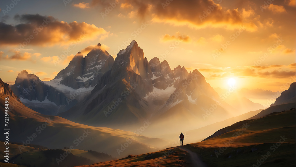 Samotny podróżnik podziwiający zachód słońca w górach - obrazy, fototapety, plakaty 