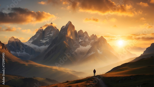 Samotny podróżnik podziwiający zachód słońca w górach