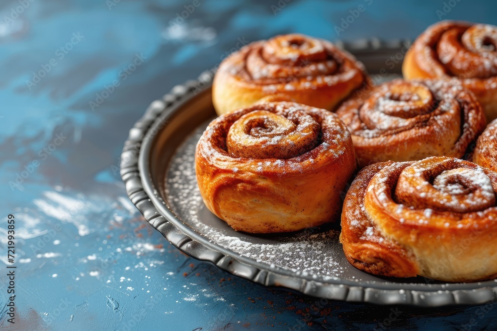 Homemade cinnamon rolls on a gray earthenware tray on blue background Homemade cinnamon rolls on a gray earthenware tray on blue background