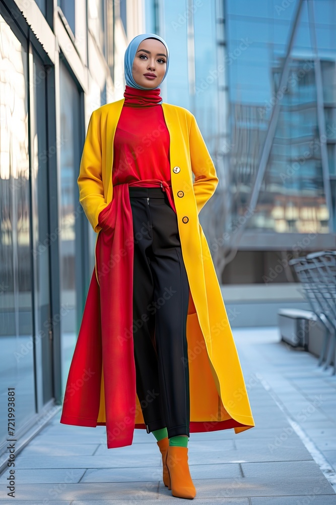 Modern colorful stylish outfit of Muslim woman with hijab
