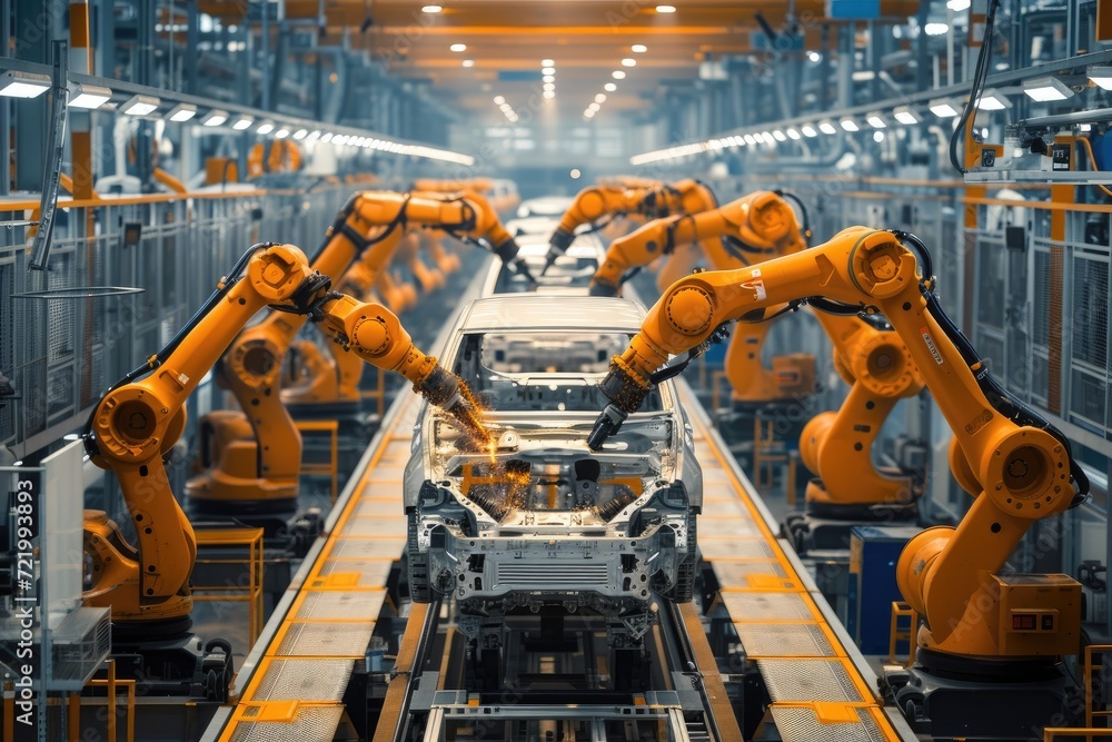 Modern car manufacturing factory, automobile assembly line, automotive industry. Modern car manufacturing factory, automobile assembly line, automotive industry.