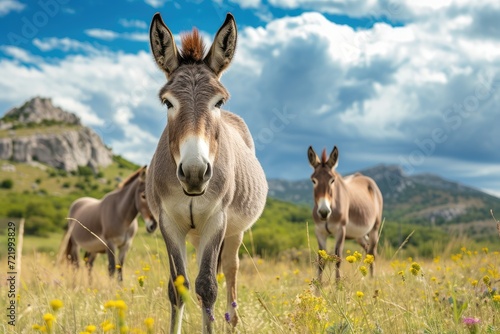 Grey donkeys on pasture
