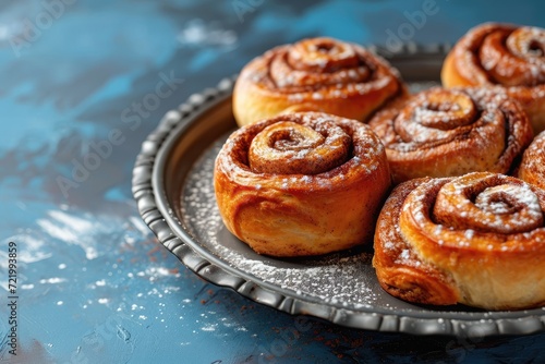 Homemade cinnamon rolls on a gray earthenware tray on blue background © Lubos Chlubny