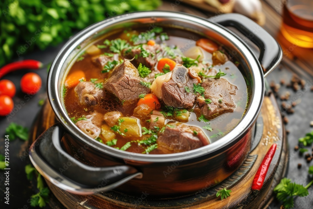 Traditional beef broth with vegetable, bones and ingredients in pot