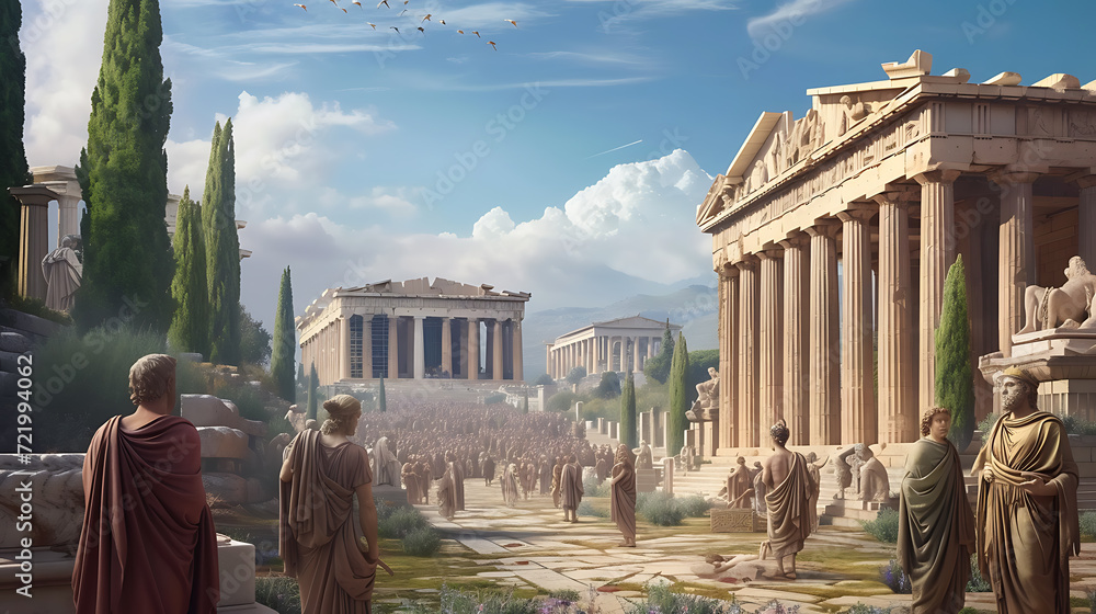 A bustling ancient Greek agora, filled with passionate philosophers engaged in intense debates, surrounded by exquisite marble statues. - obrazy, fototapety, plakaty 
