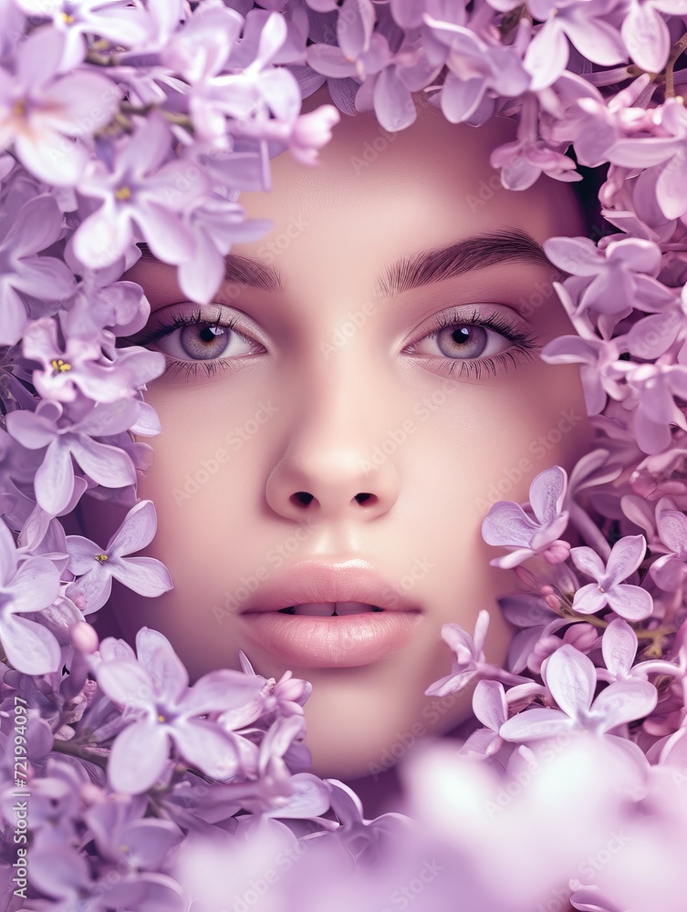 Woman beautiful face with flower lilac frame Woman beautiful face with flower lilac frame