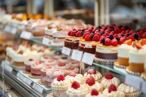 Small cakes on display at the patisserie counter.