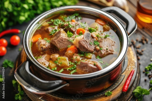 Traditional beef broth with vegetable, bones and ingredients in pot