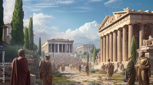 A bustling ancient Greek agora, filled with passionate philosophers engaged in intense debates, surrounded by exquisite marble statues. photo