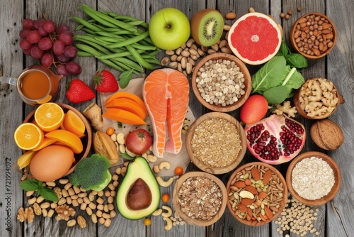 Variety of healthy foods spread out on a wooden surface.