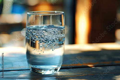 Water in clear glass on wooden table.