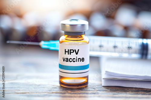 HPV vaccine vial with syringe and medical background, focus on label, for health campaigns on human papillomavirus prevention and cancer awareness photo